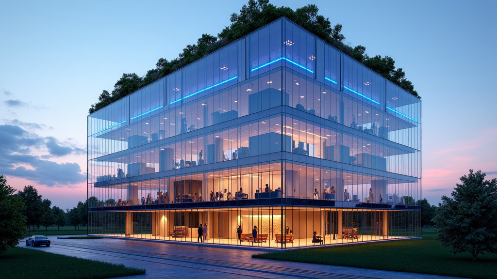 A photorealistic architectural visualization of a futuristic smart building at twilight with a sleek glass facade and integrated technology.