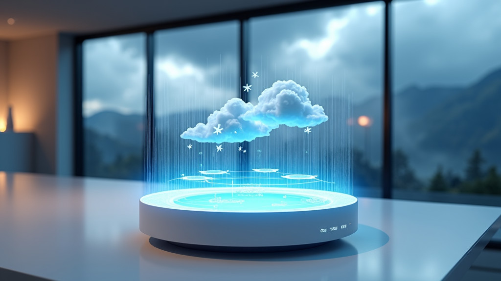 A futuristic smart home control center with a holographic weather display and a digital assistant device.