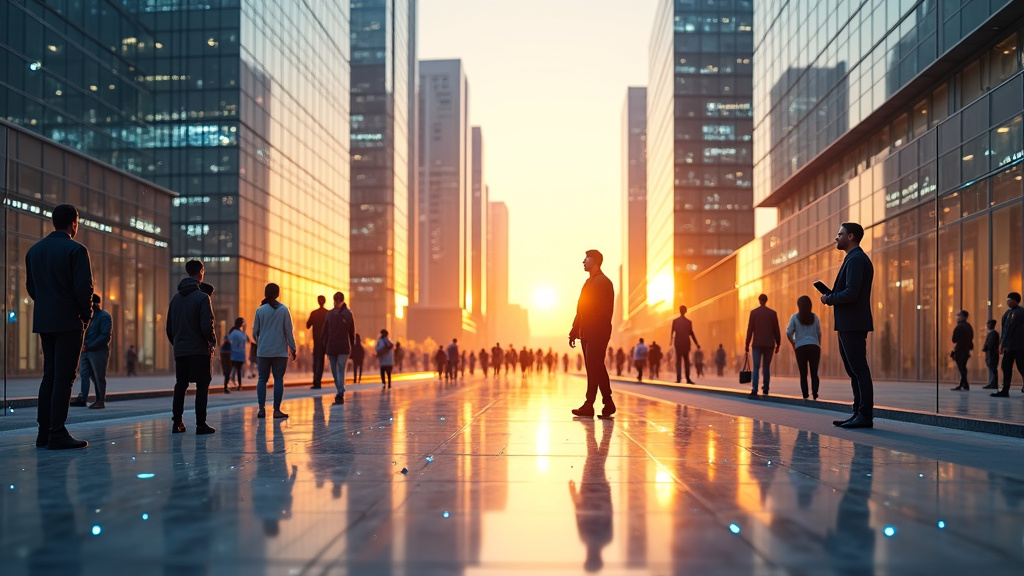 A futuristic cityscape at dawn with glass buildings and holographic interfaces.