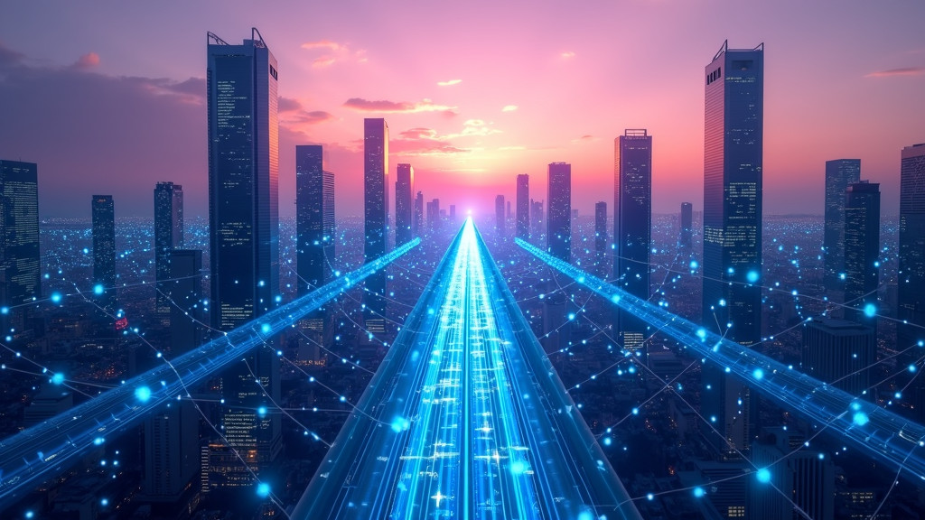 A futuristic cityscape at dusk with glowing blue digital networks above skyscrapers and streams of light representing data flows.