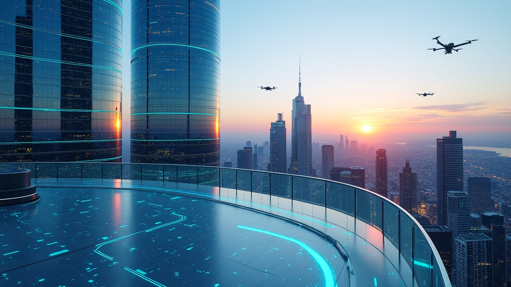 A photorealistic image of a futuristic cityscape at dusk, showcasing glass buildings with blue lighting and holographic streams of light.