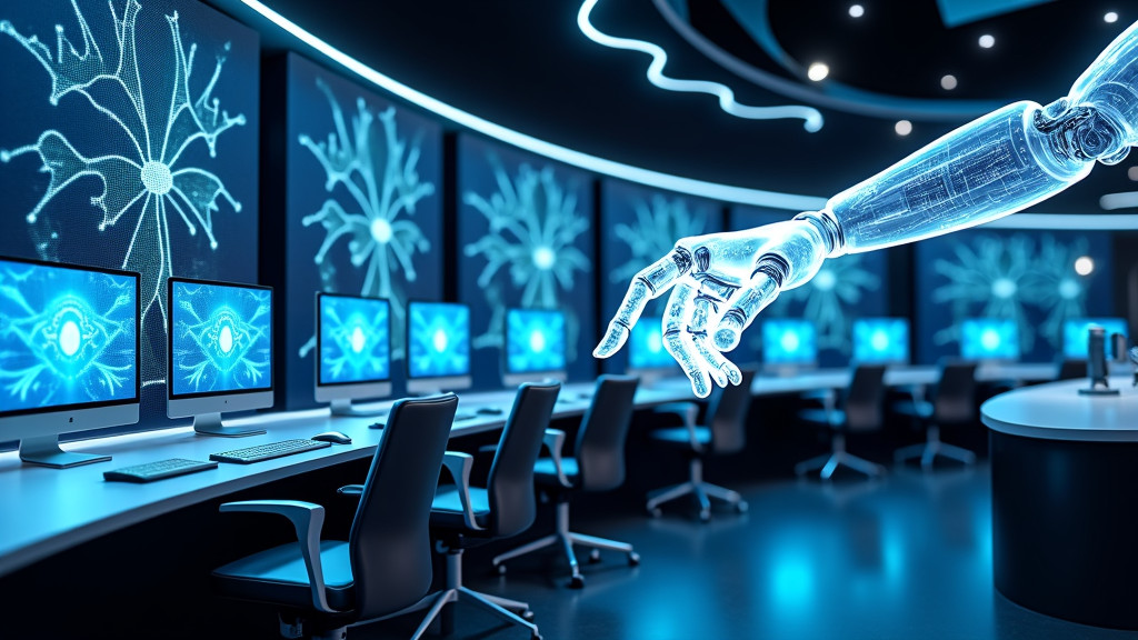 A high-tech command center with holographic displays and a robotic hand reaching for a human hand, symbolizing collaboration between AI and humanity.