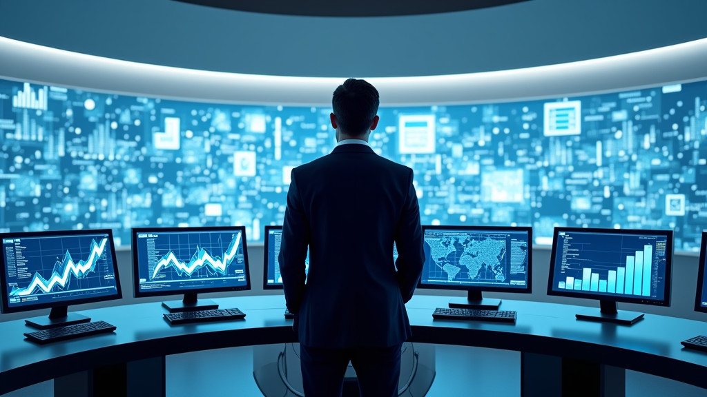 A professional data analyst in a sleek command center, interacting with holographic displays of customer data.