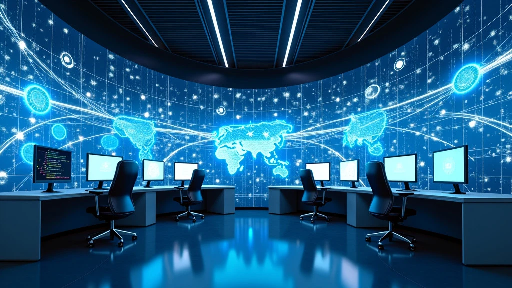 A sleek, futuristic command center with holographic displays and flowing data streams in blue and white.