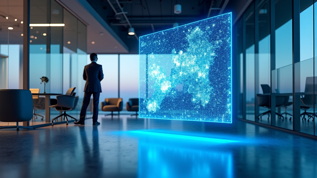 A modern corporate office with a floating holographic display projecting blue and white data visualizations.