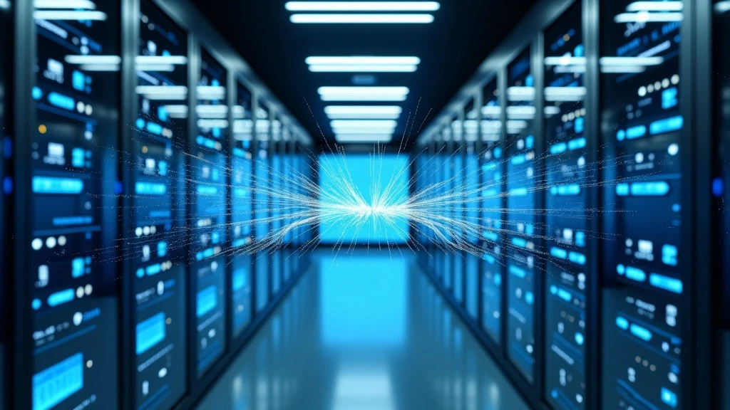 A futuristic, minimalist data center interior with glowing server racks and holographic data visualizations.