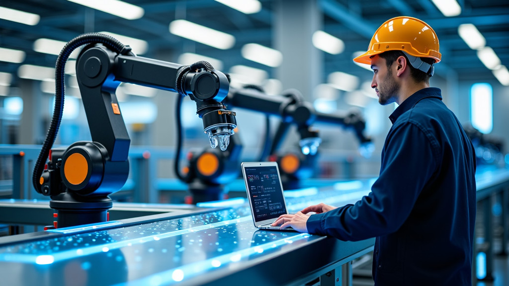 A modern factory floor with robotic arms and an engineer monitoring the operation.