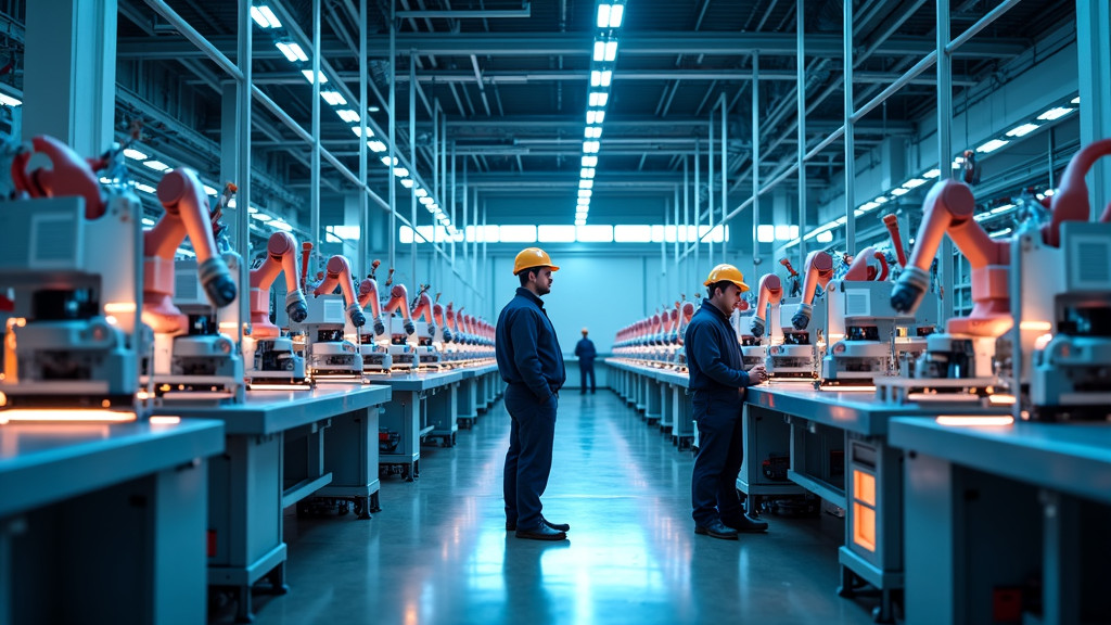 A sleek industrial factory floor featuring autonomous robots and human operators working together.