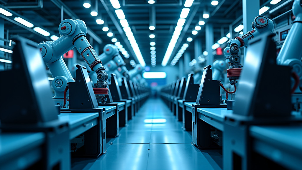 A sleek, futuristic factory interior with robotic arms and modern machinery, illuminated by cool blue lighting and floating holographic data visualizations.