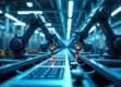 A sleek, futuristic factory interior with robotic arms working on an assembly line under blue-tinted lighting.