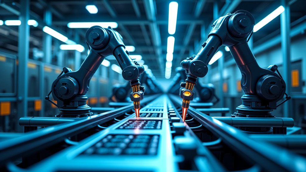 A sleek, futuristic factory interior with robotic arms working on an assembly line under blue-tinted lighting.