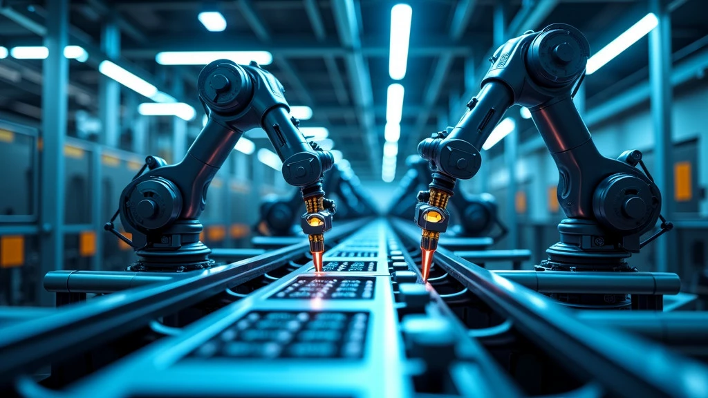 A sleek, futuristic factory interior with robotic arms working on an assembly line under blue-tinted lighting.
