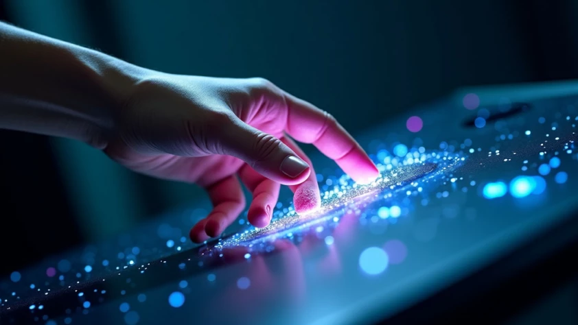 A polished human hand reaching out to a glowing digital hand.