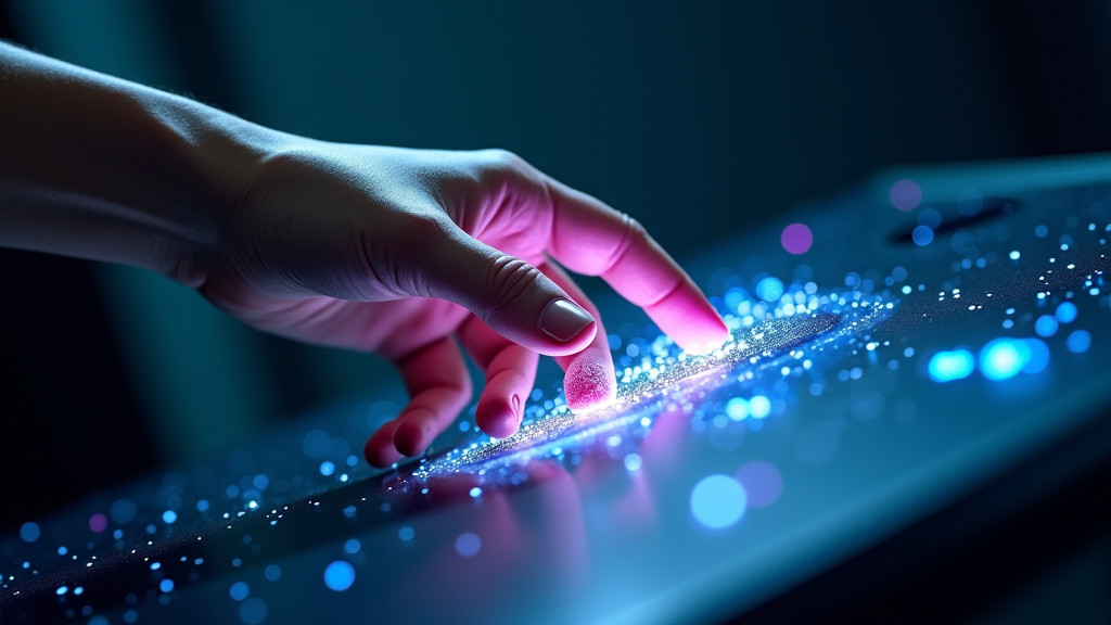 A polished human hand reaching out to a glowing digital hand.