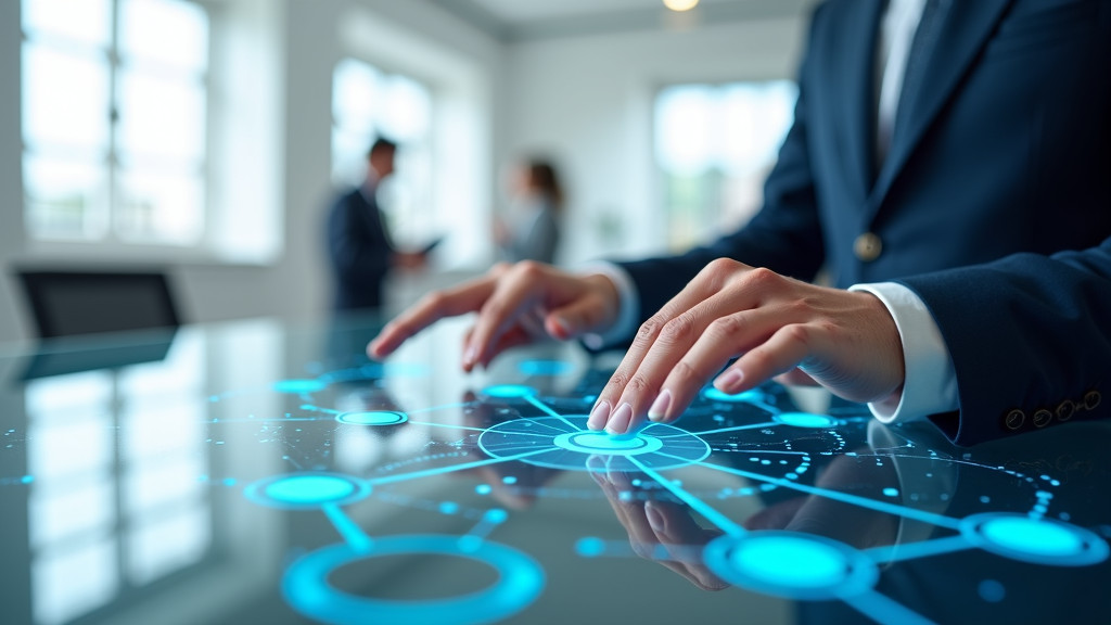 Close-up of hands hovering over a glass surface displaying holographic financial data in a modern office setting.