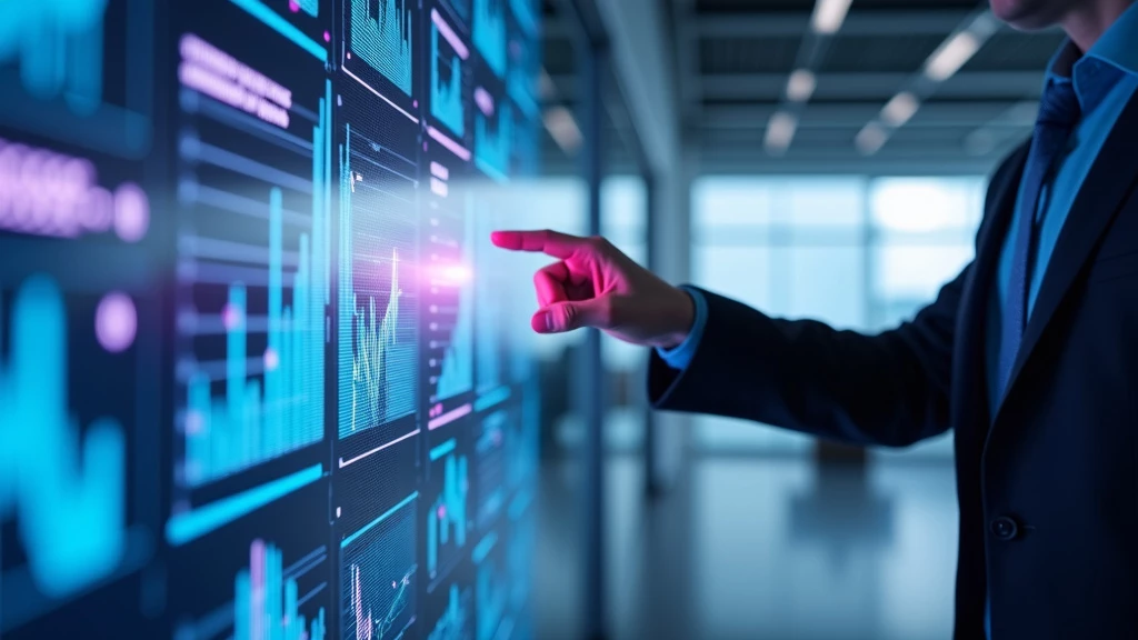 A photorealistic futuristic scene with a holographic interface and a person's hand reaching through it.