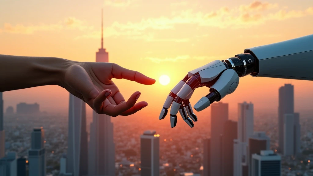 A human hand and a sleek robotic hand reaching toward each other against a futuristic cityscape.