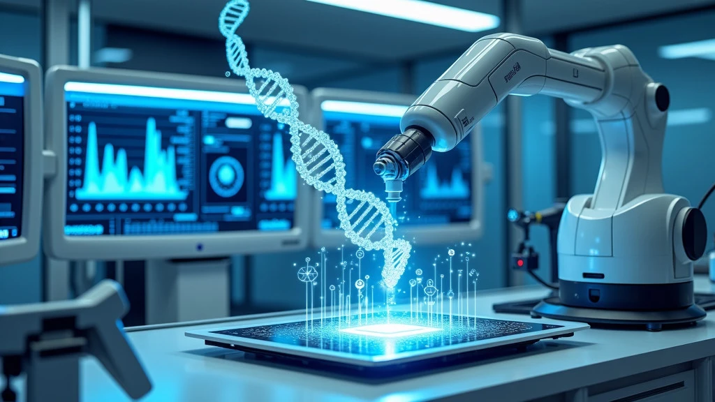 A futuristic medical laboratory with holographic DNA strands and advanced technology.