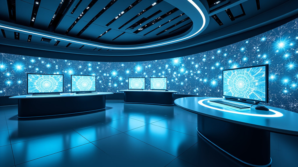 A futuristic, minimalist laboratory with holographic neural network visualizations in soft blue and white, and a modern workstation with multiple displays.