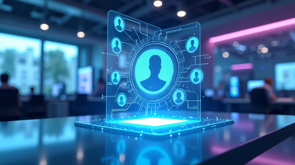 An elegant, photorealistic visualization of a futuristic office space with transparent holographic displays and ambient lighting.