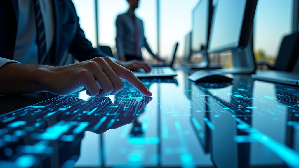 A professional's hand touching a sleek glass surface displaying holographic data in a bright office setting.