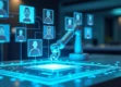 A sleek, modern office desk with a holographic display showing floating virtual resume cards.