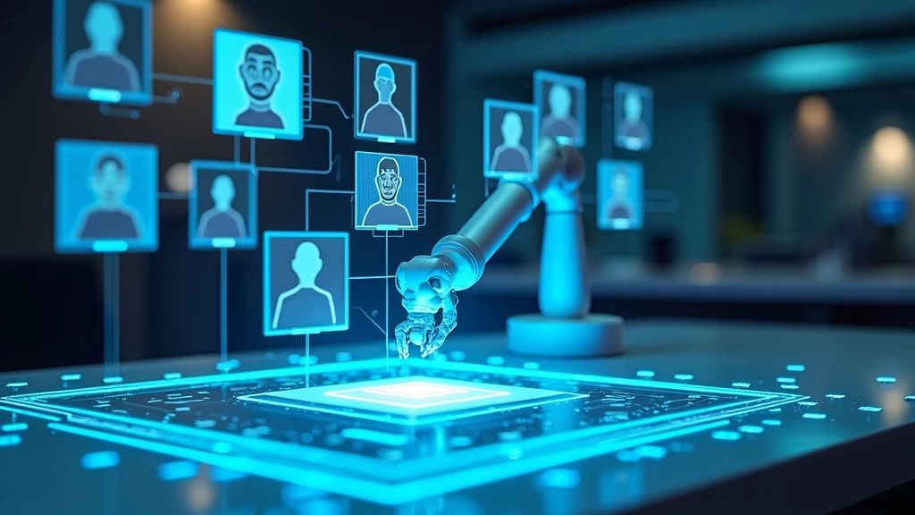 A sleek, modern office desk with a holographic display showing floating virtual resume cards.