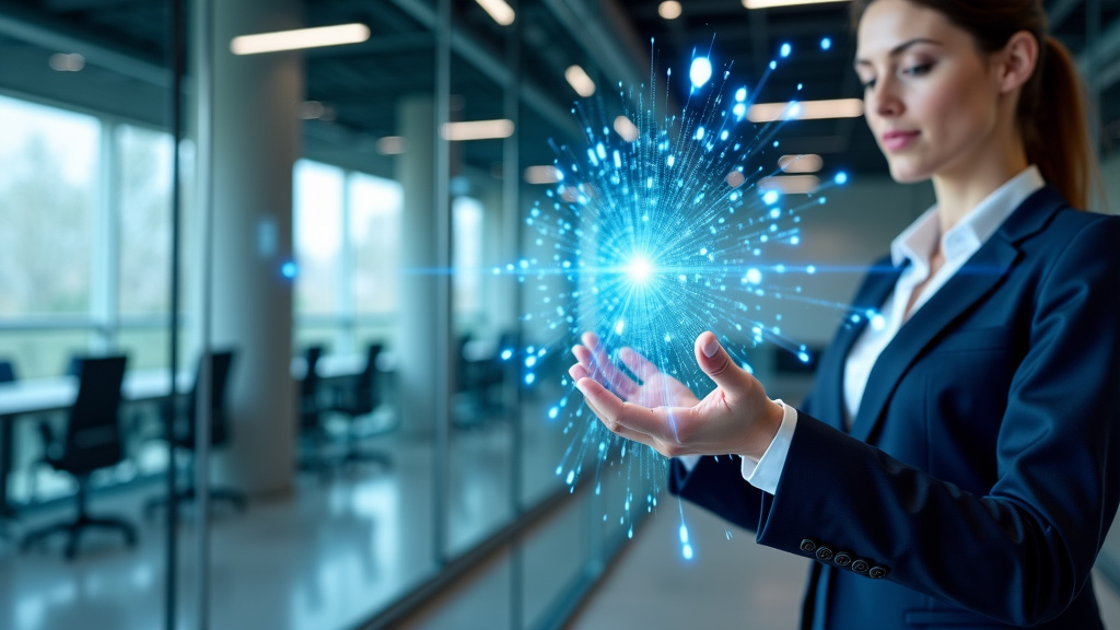 A professional woman interacts with floating holographic data visualizations in a modern office setting.