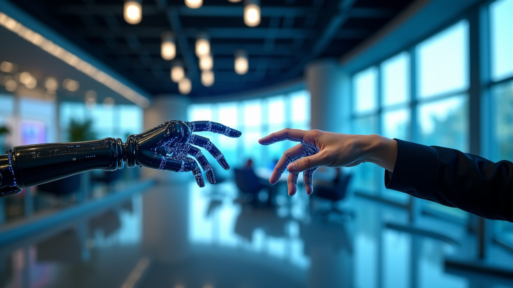 A sleek, modern office space where a human hand and a holographic robotic hand are reaching toward each other, reminiscent of Michelangelo's Creation of Adam in a corporate setting.