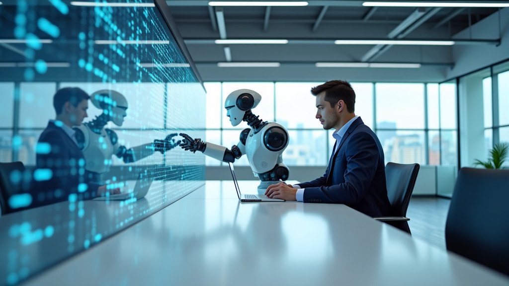 A sleek, modern office space showcasing a robotic arm working with a human professional at a white desk, manipulating holographic data visualizations.