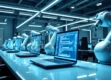 A sleek, futuristic office space featuring robotic arms and holographic displays in a cool blue lighting ambiance.