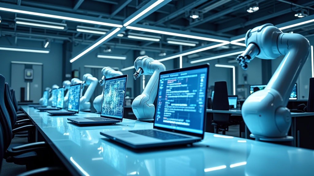 A sleek, futuristic office space featuring robotic arms and holographic displays in a cool blue lighting ambiance.