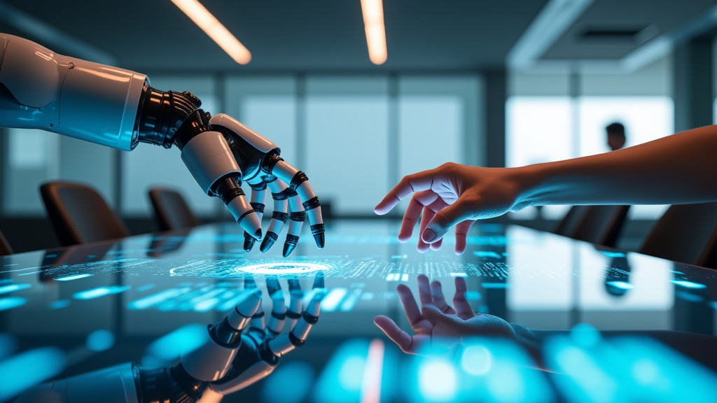 A photorealistic futuristic office workspace with a robotic arm and human hand reaching toward each other.