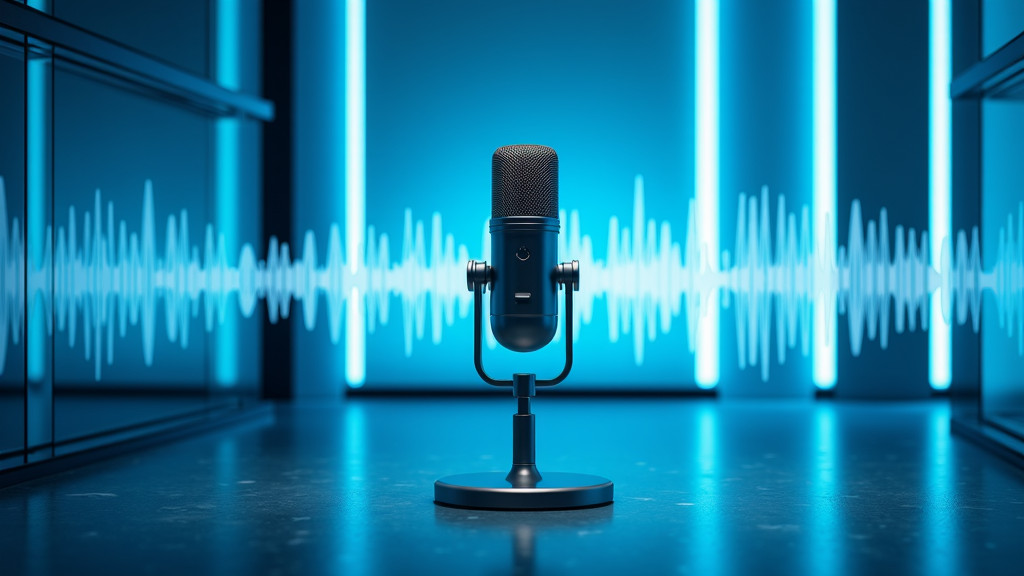 A sleek, futuristic recording studio interior with soft blue ambient lighting and a high-end microphone floating in mid-air.