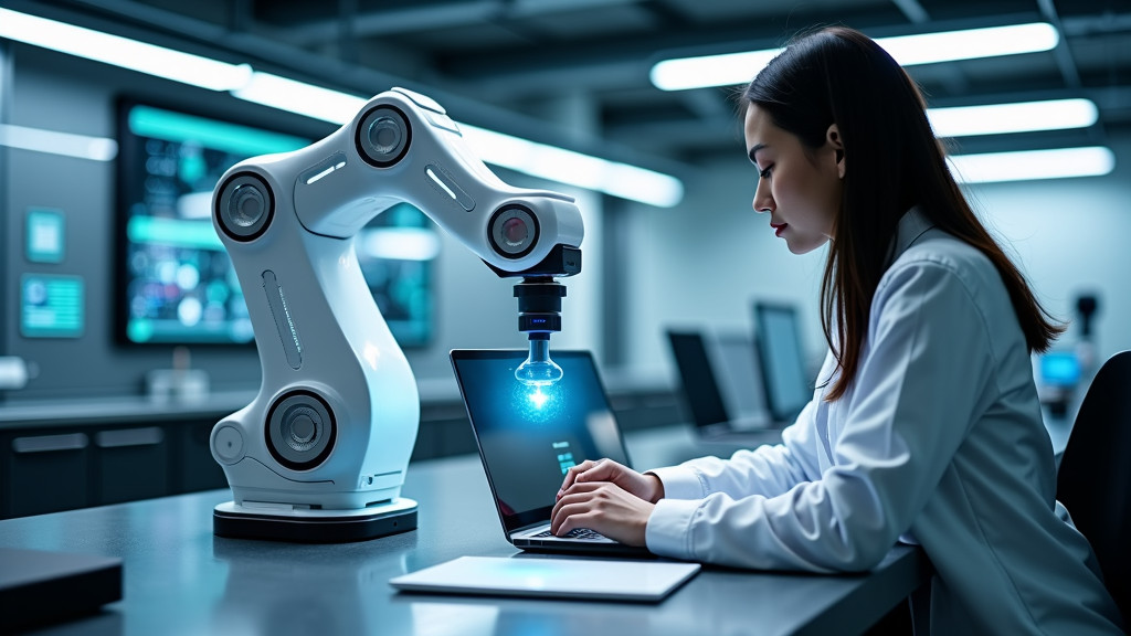 A collaborative robot arm and human technician working in a robotics lab