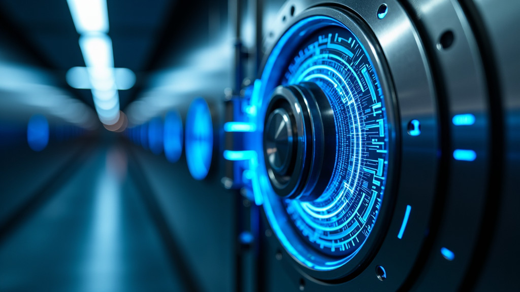 A photorealistic close-up of a futuristic security vault door with glowing blue circuit patterns, partially opened to reveal streams of digital data.