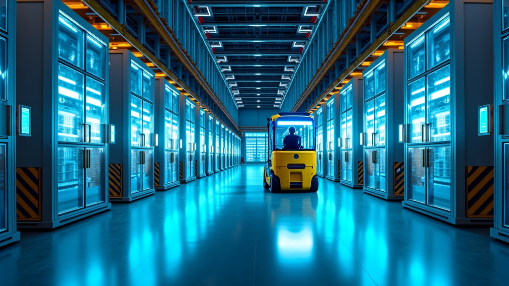 A futuristic warehouse interior showcasing robotic arms and mobile robots amidst modern storage racks and advanced technology.