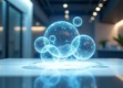 A sleek, futuristic workspace with a holographic display and minimalist desk.