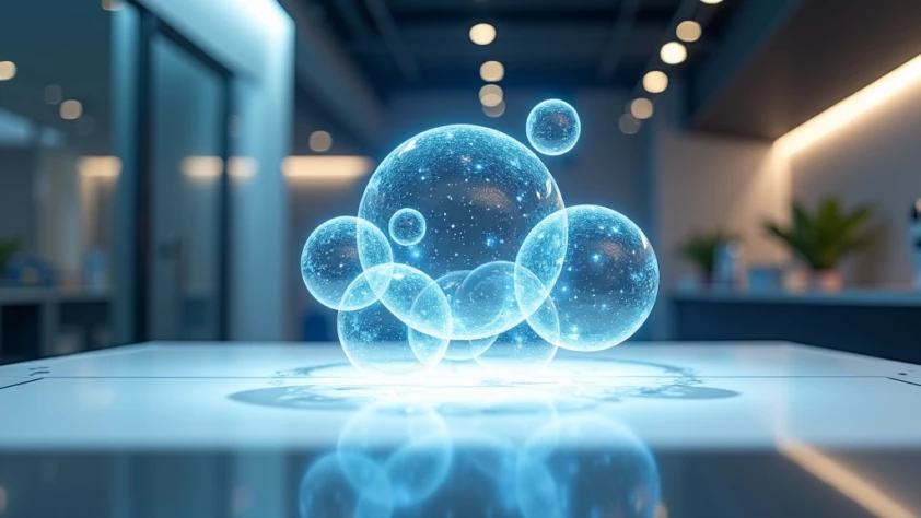 A sleek, futuristic workspace with a holographic display and minimalist desk.