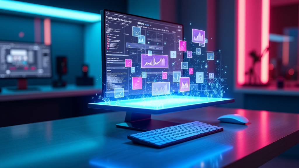 A sleek digital workspace with a holographic display and vibrant content tiles.