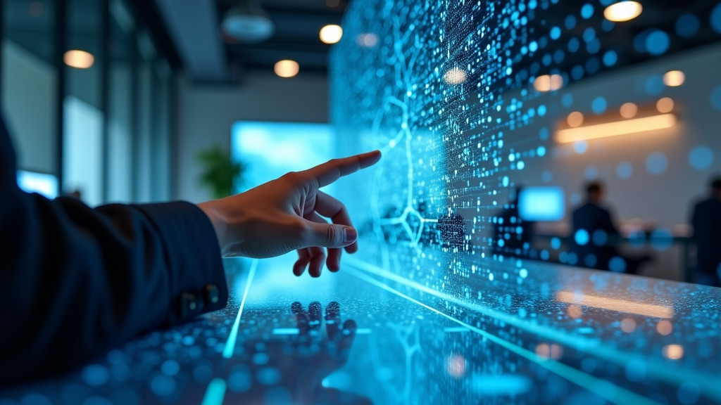 A sleek, futuristic workspace featuring a holographic interface displaying interconnected nodes in blue tones, a hand reaching towards it above a glass desk.