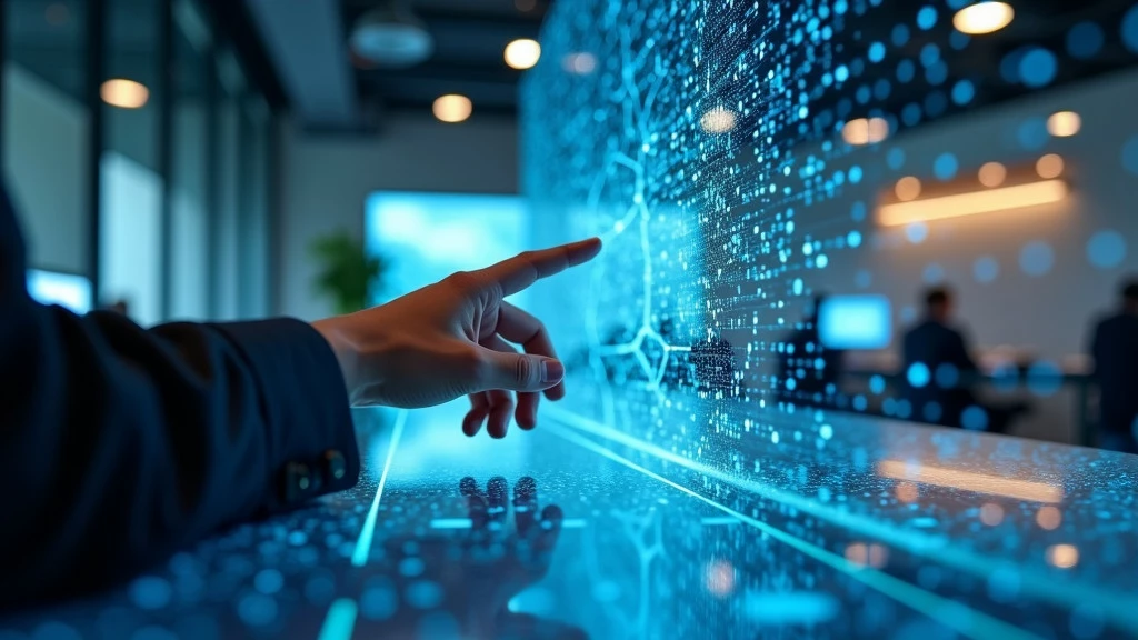 A sleek, futuristic workspace featuring a holographic interface displaying interconnected nodes in blue tones, a hand reaching towards it above a glass desk.