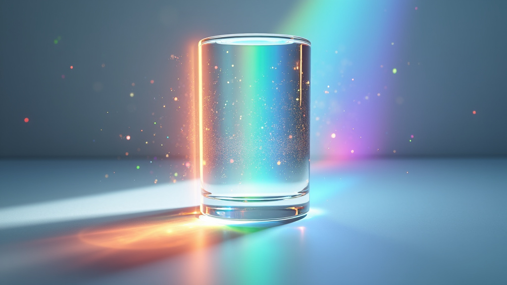 A glass prism splitting white light into a rainbow spectrum and filtered through a digital matrix pattern in a minimalist studio setting.