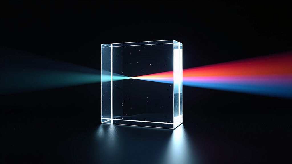 A crystal-clear glass prism breaking down white light into vibrant colors on a black background