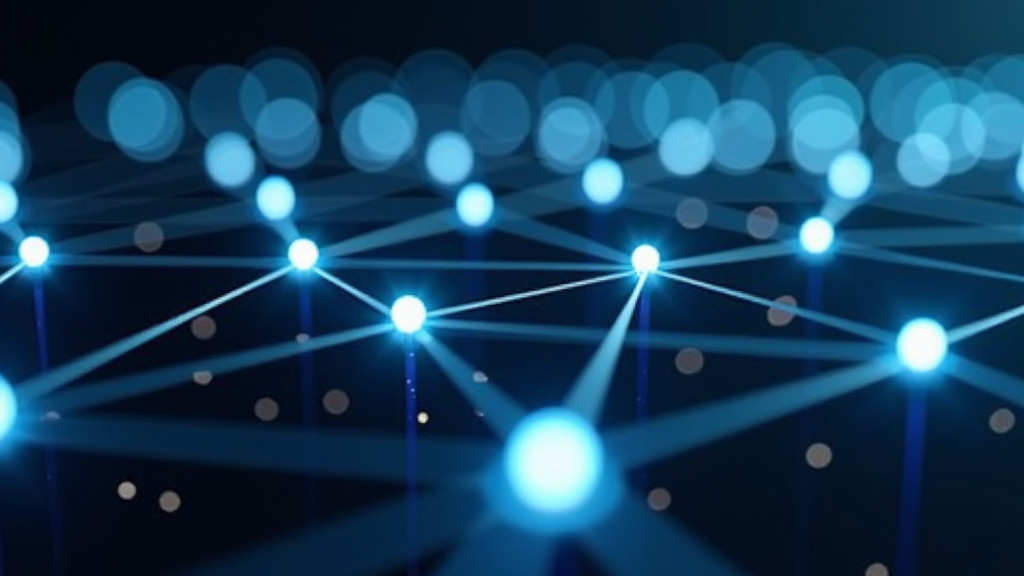 A closeup of glowing digital nodes forming a network with light streams.