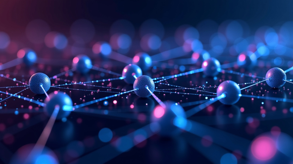 A sleek, photorealistic 3D visualization of interconnected nodes and pathways forming a glowing network against a dark background.