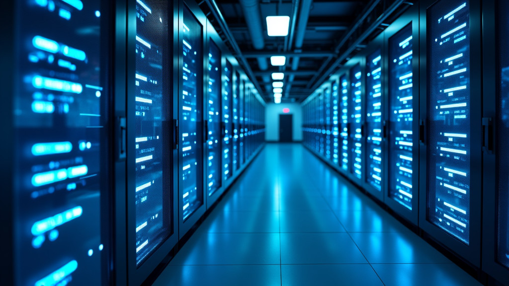 A high-tech data center interior with glowing blue server racks and flowing digital patterns representing secure data transmission.