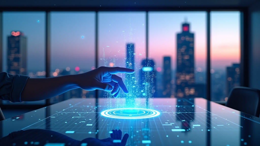 A photorealistic office space with a window overlooking a futuristic city skyline at dusk, featuring a hand reaching for a holographic interface.