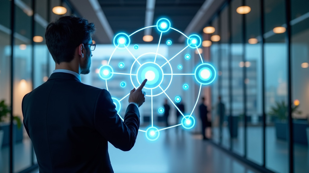 A marketer interacting with holographic digital marketing workflows in a modern office setting.