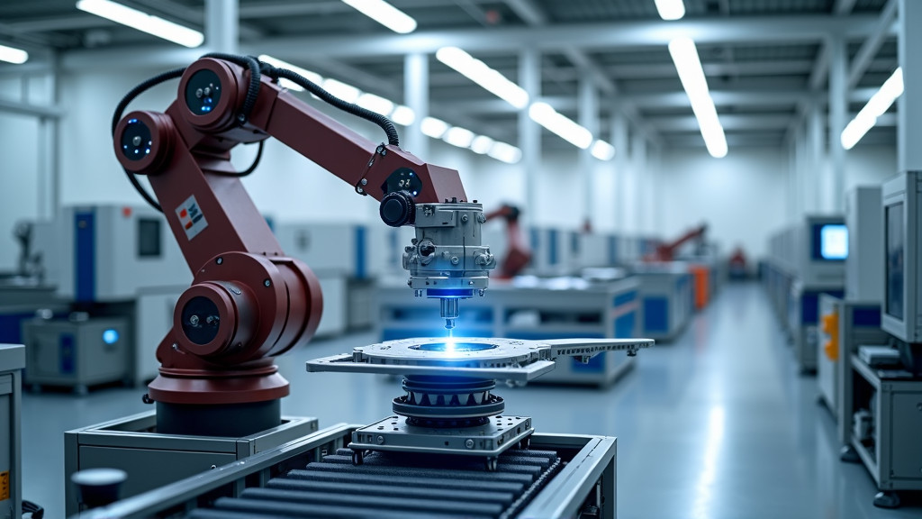 A robotic arm performing assembly on an aircraft component in a modern aerospace facility.